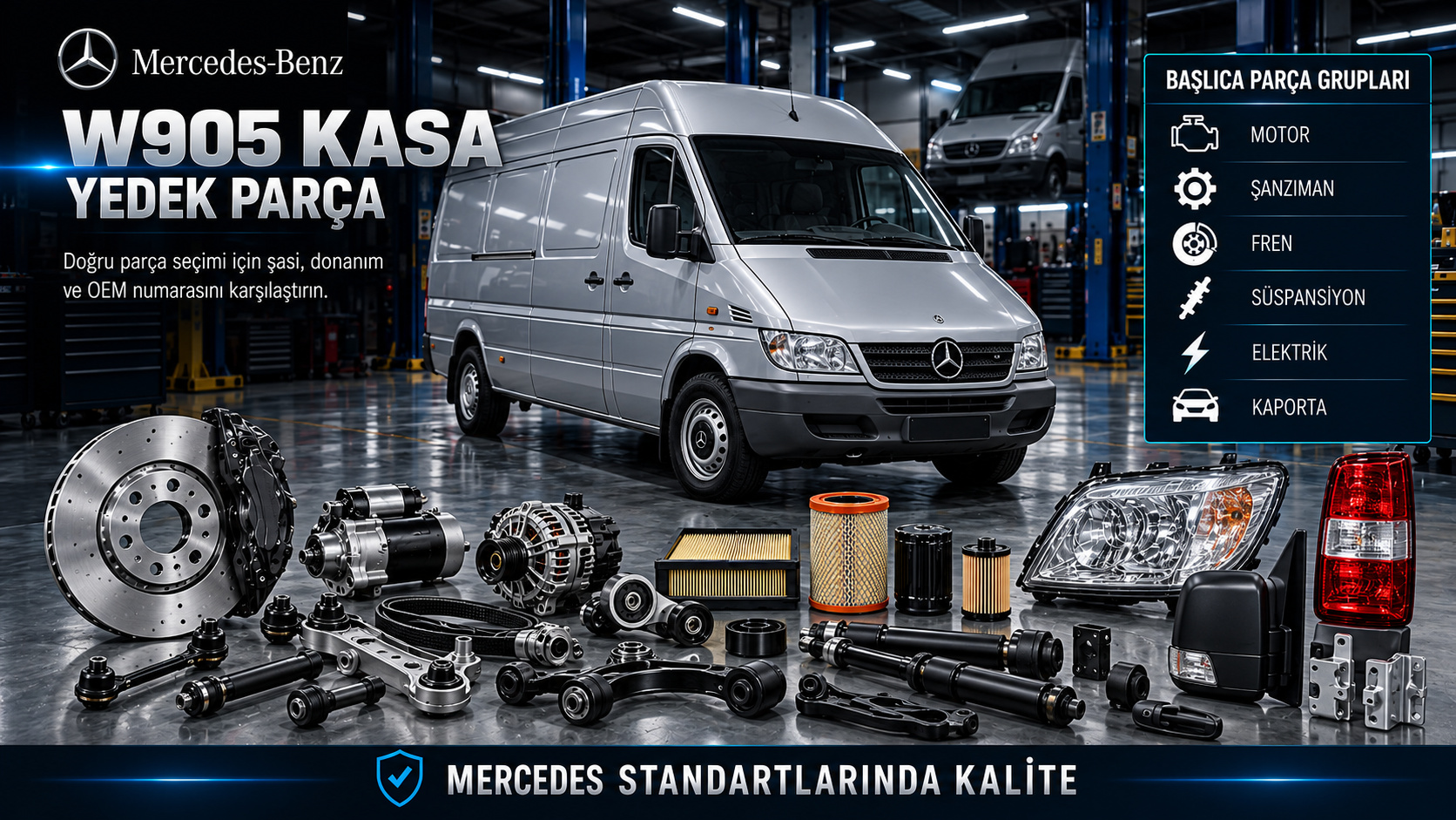 Mercedes W905 kasa ticari araç motor, aktarma, fren, süspansiyon ve gövde parçaları