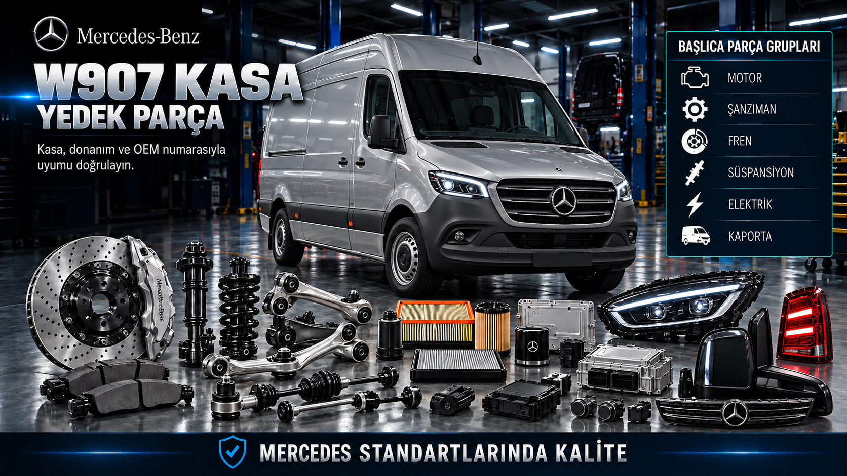 Mercedes W907 Sprinter dizel motor, fren, aks, süspansiyon ve kapı parçaları
