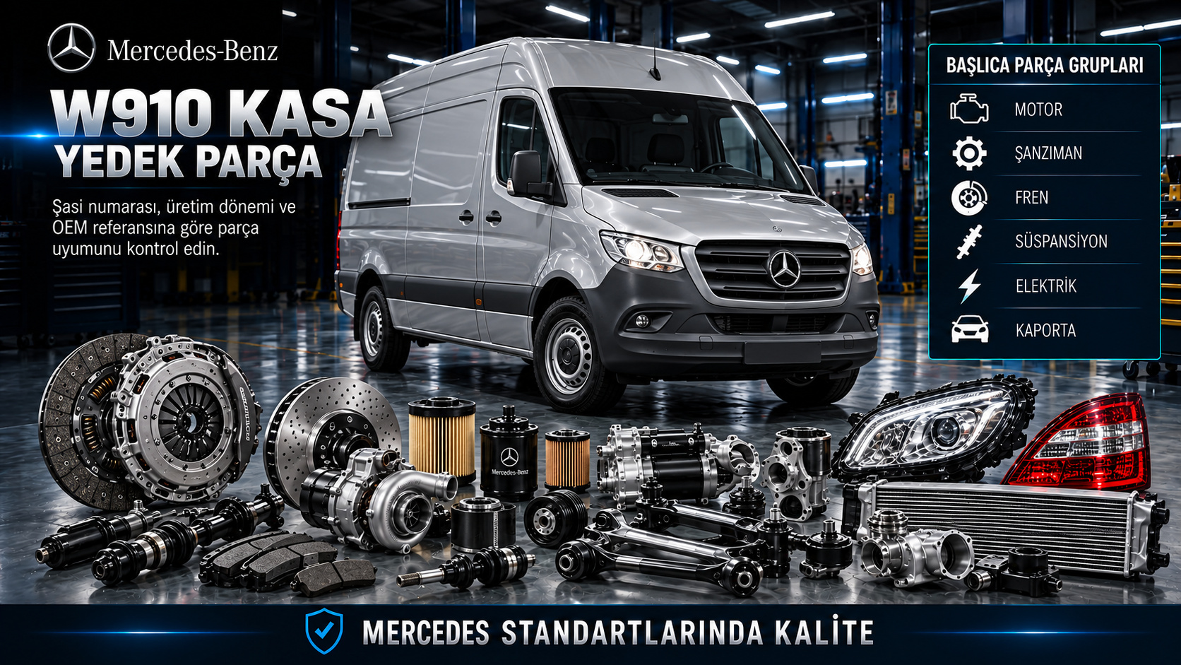 Mercedes W910 Sprinter ön aktarma, dizel motor, fren, süspansiyon ve kapı parçaları