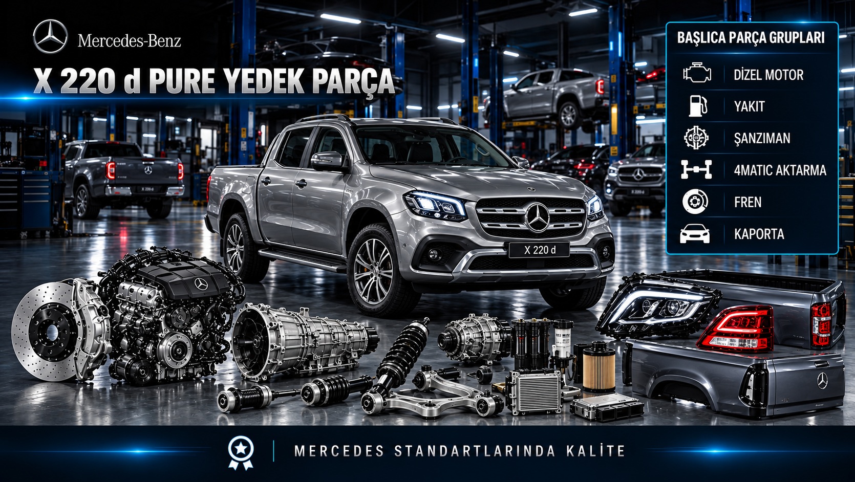 Mercedes X 220 d Pure pickup ve dizel motor, 4Matic aktarma, fren ve kasa parçaları