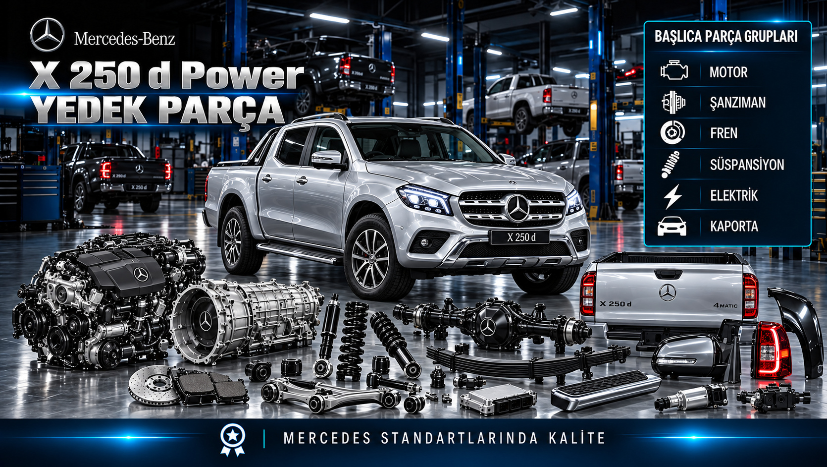 Mercedes-Benz X 250 d Power pickup için dizel motor, bakım, fren, aktarma ve kasa parçaları