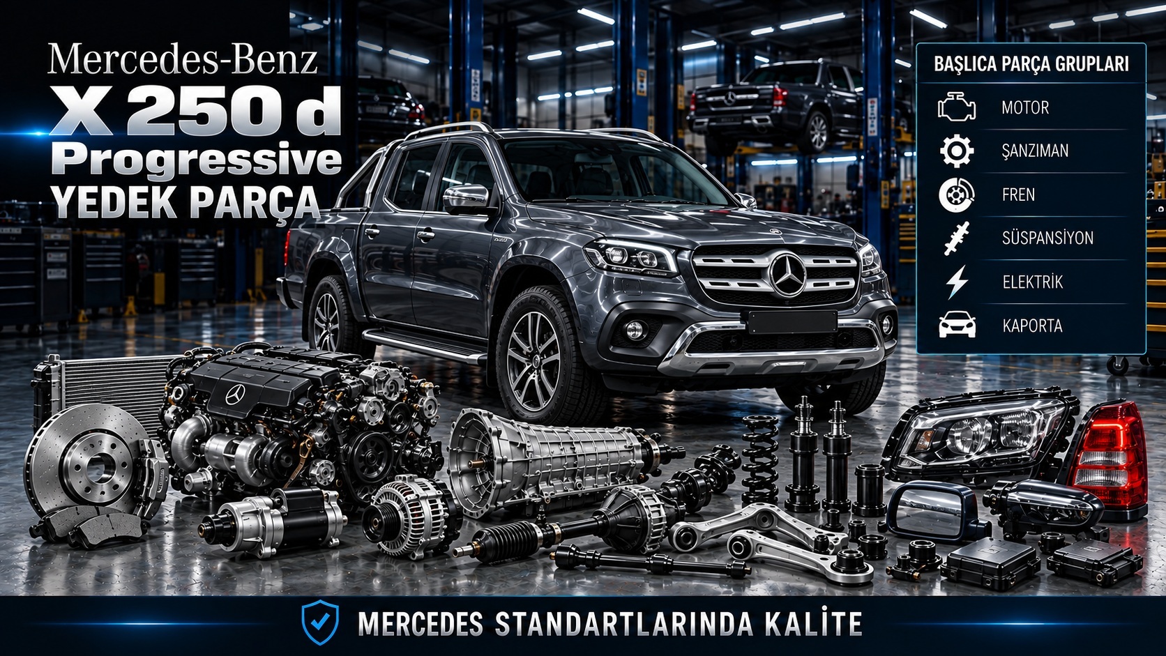 Mercedes-Benz X 250 d Progressive dizel motor, aktarma, fren ve pickup gövde parçaları