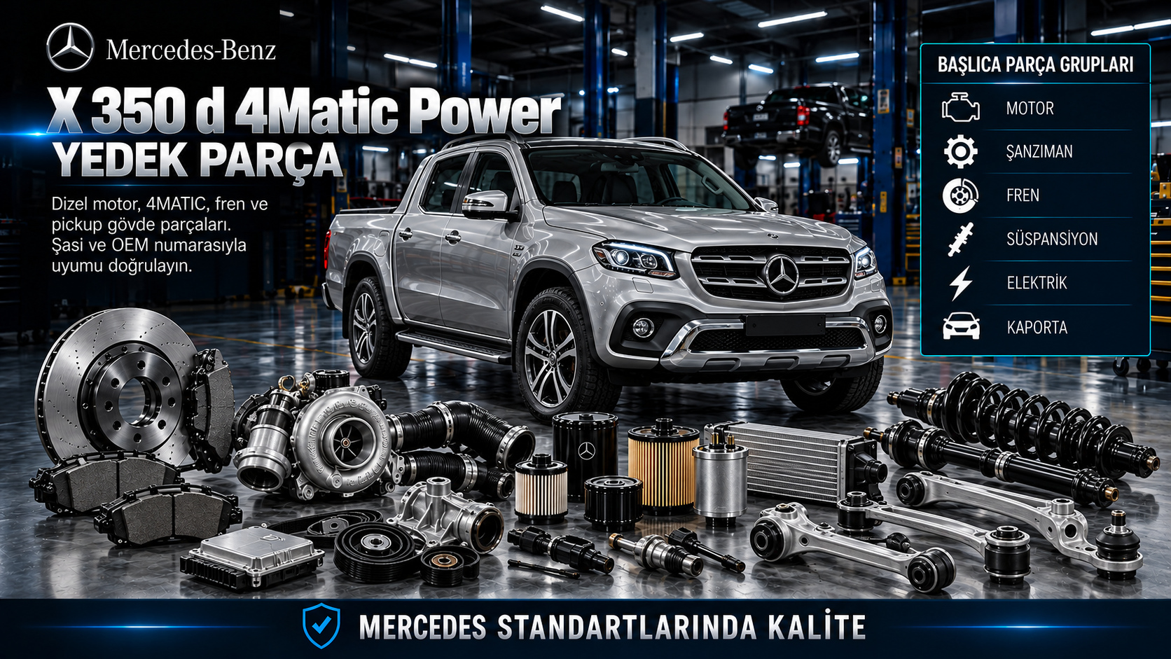 Mercedes X 350 d 4Matic Power pickup için dizel motor, aktarma, fren, süspansiyon ve kasa parçaları