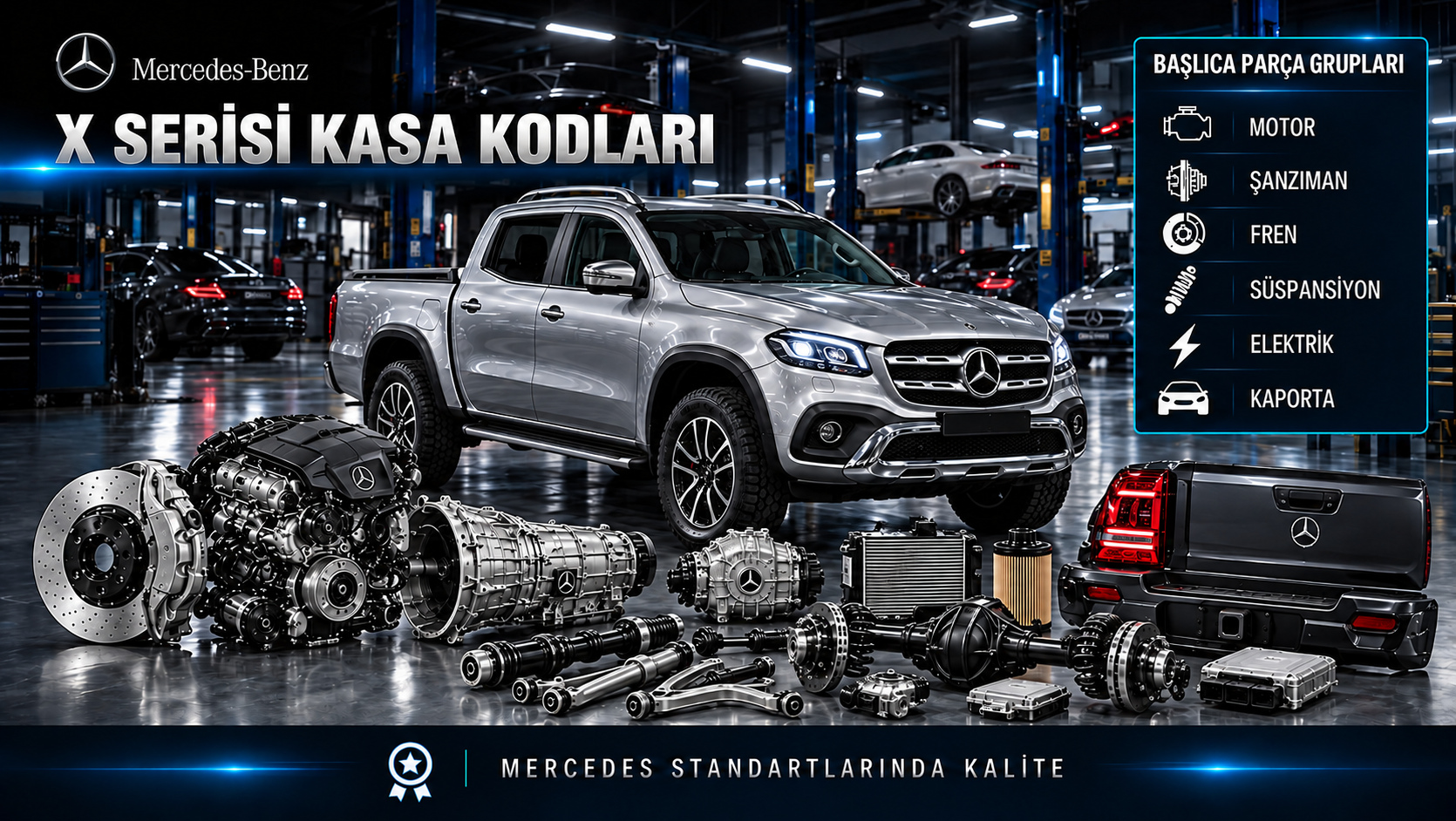 Mercedes X-Serisi pickup kasa seçimi, motor, bakım, aktarma, fren ve arka kasa parçaları