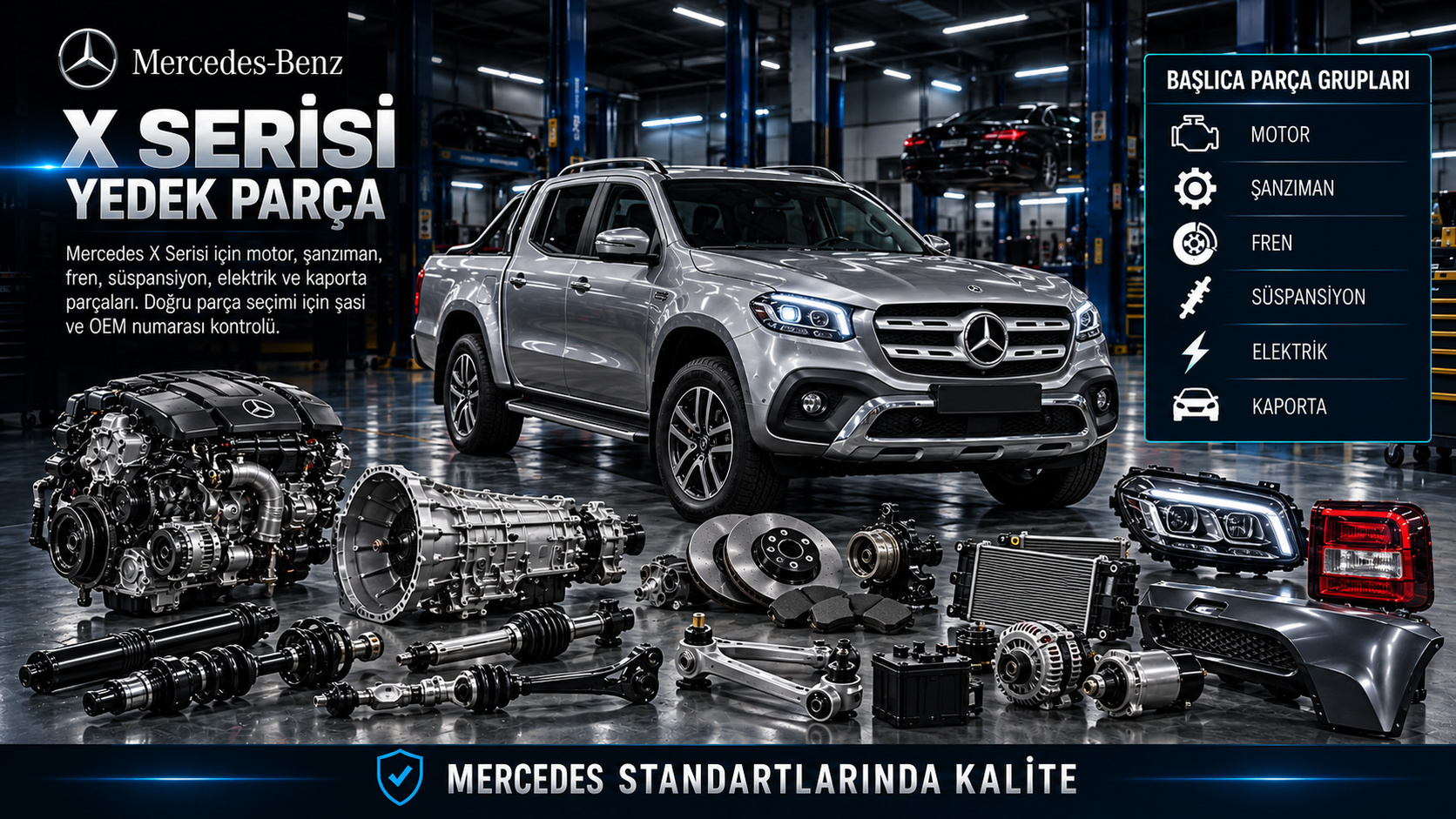 Mercedes X Serisi pickup motor fren aktarma ve kaporta parçaları