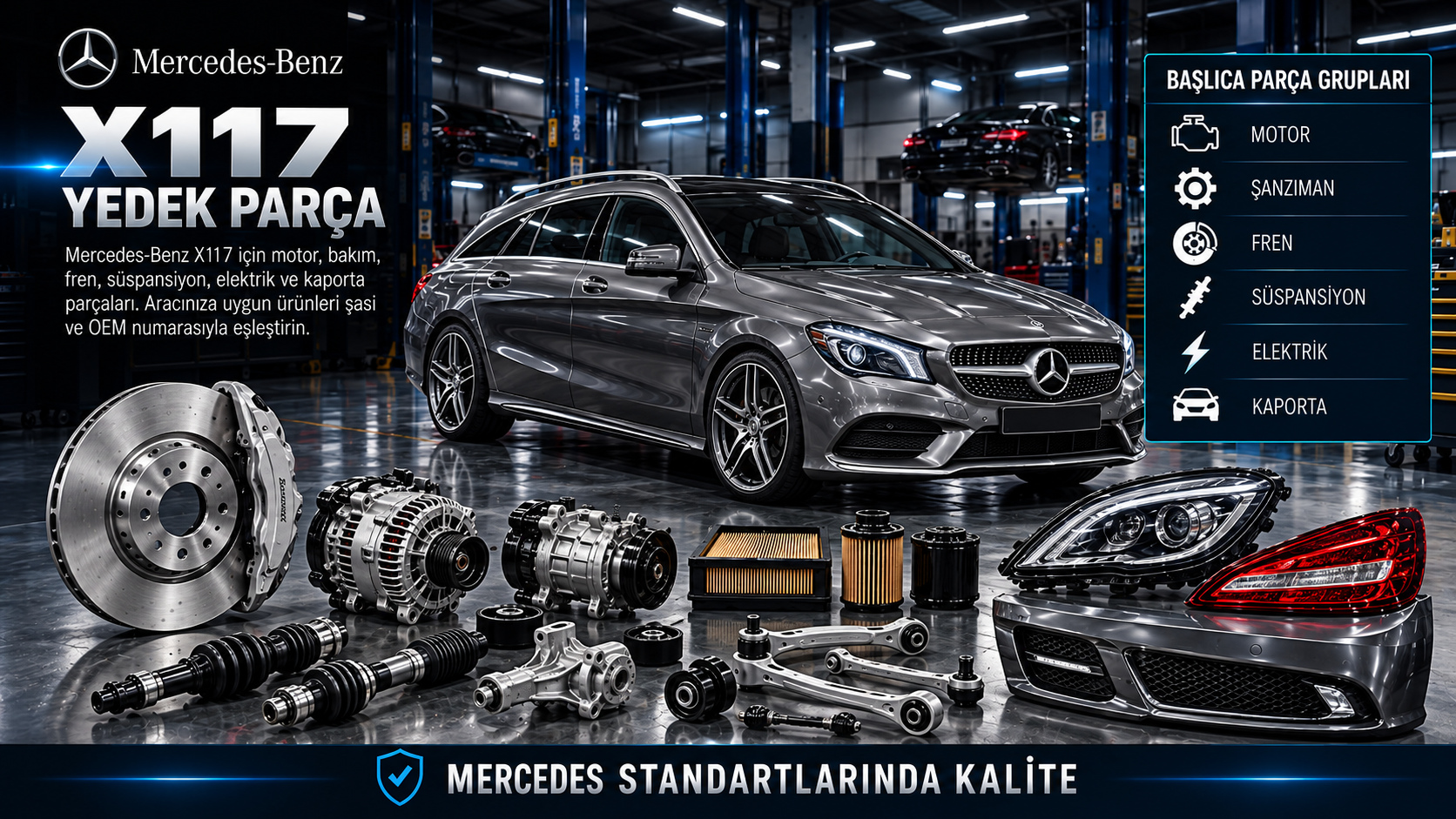 Mercedes-Benz X117 CLA Shooting Brake için motor, fren, süspansiyon ve arka gövde parçaları