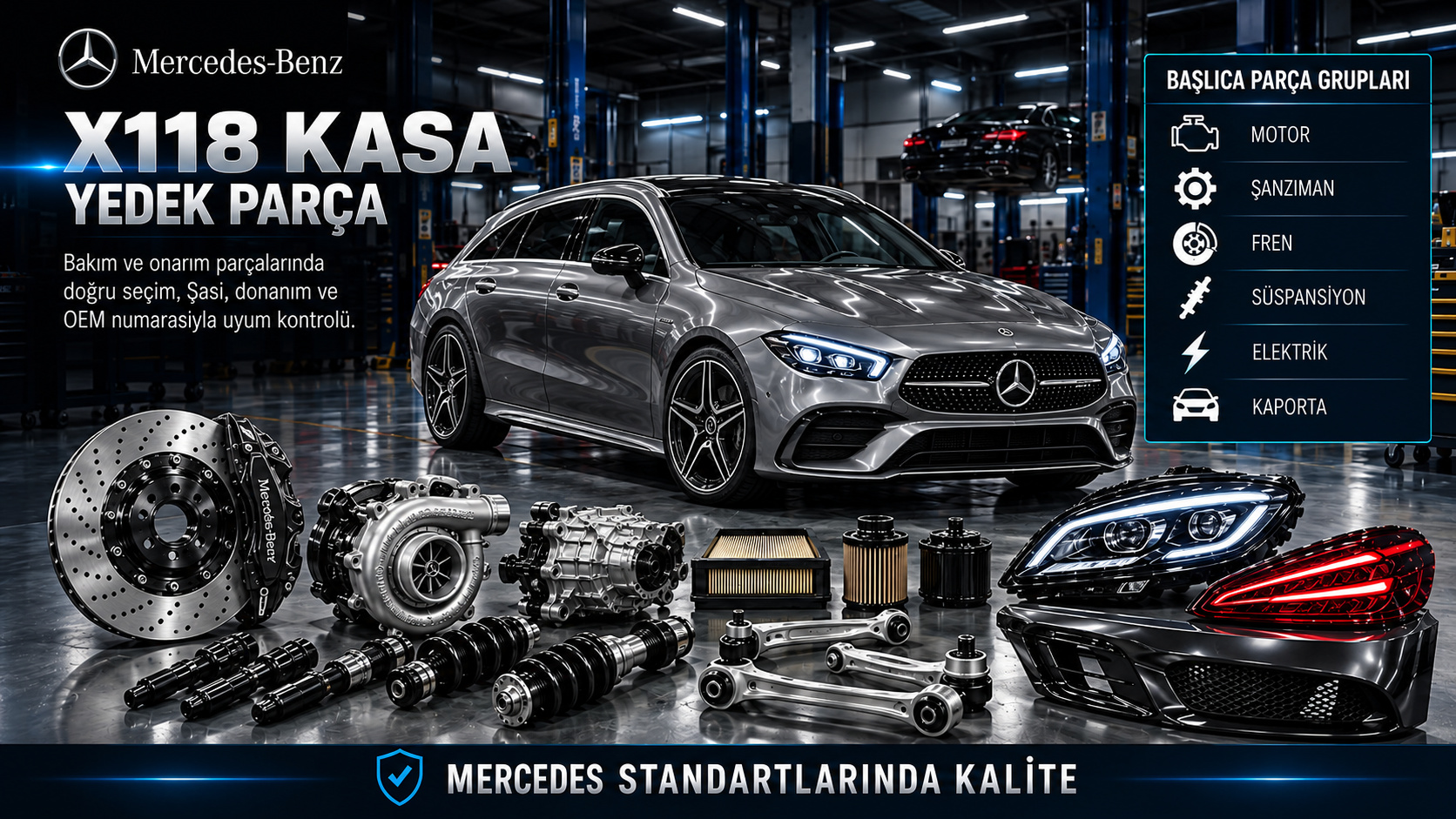 Mercedes X118 CLA Shooting Brake motor, şanzıman, fren, süspansiyon, bagaj ve gövde parçaları