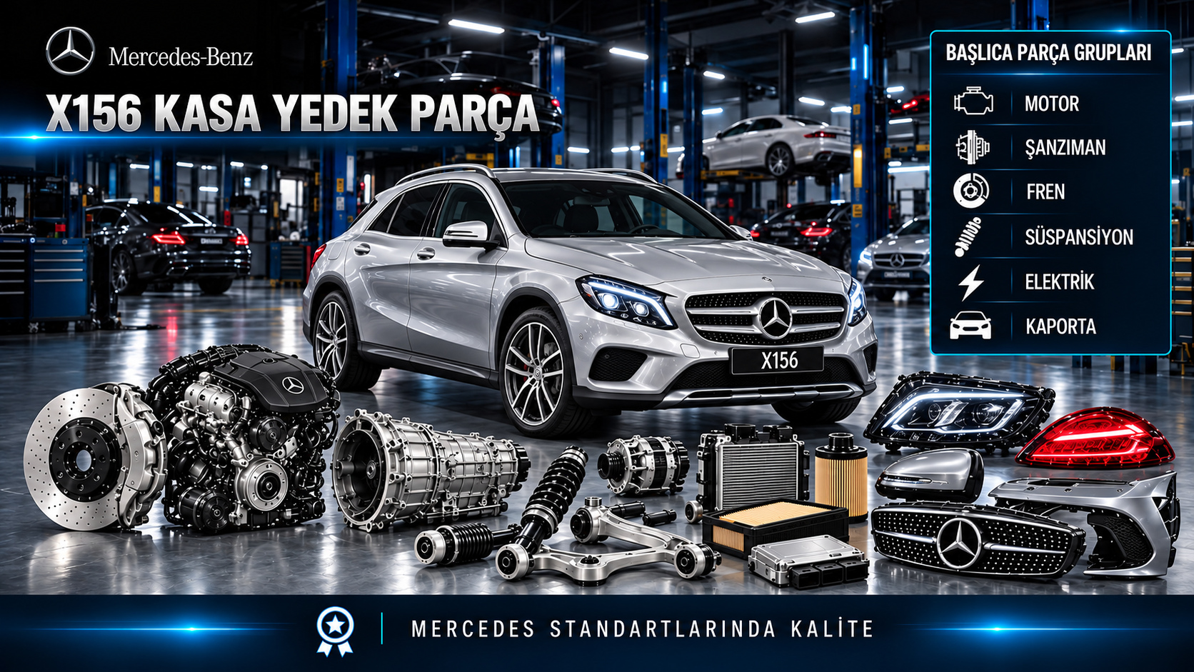 Mercedes GLA X156 motor, bakım, fren, süspansiyon, aktarma ve kompakt SUV parçaları