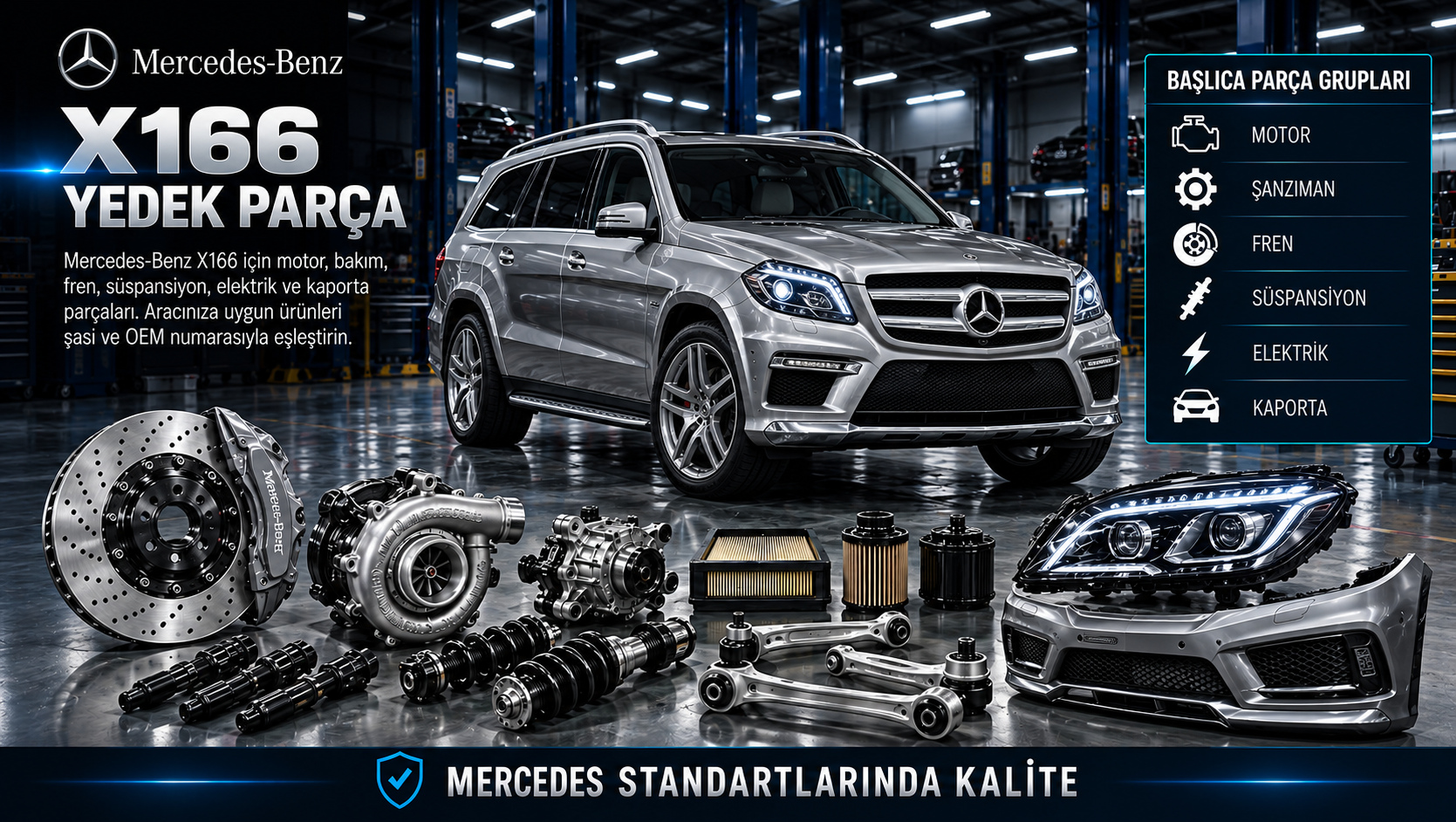 Mercedes-Benz X166 GL ve GLS için motor, fren, süspansiyon, aktarma ve SUV gövde parçaları