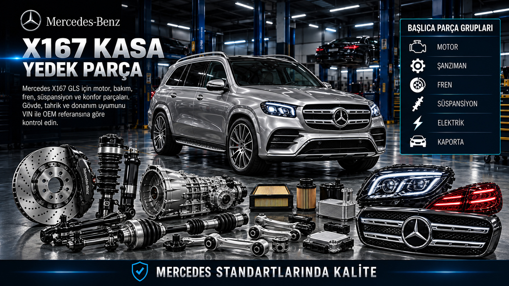Mercedes X167 GLS için motor, fren, süspansiyon, aktarma ve konfor parçaları