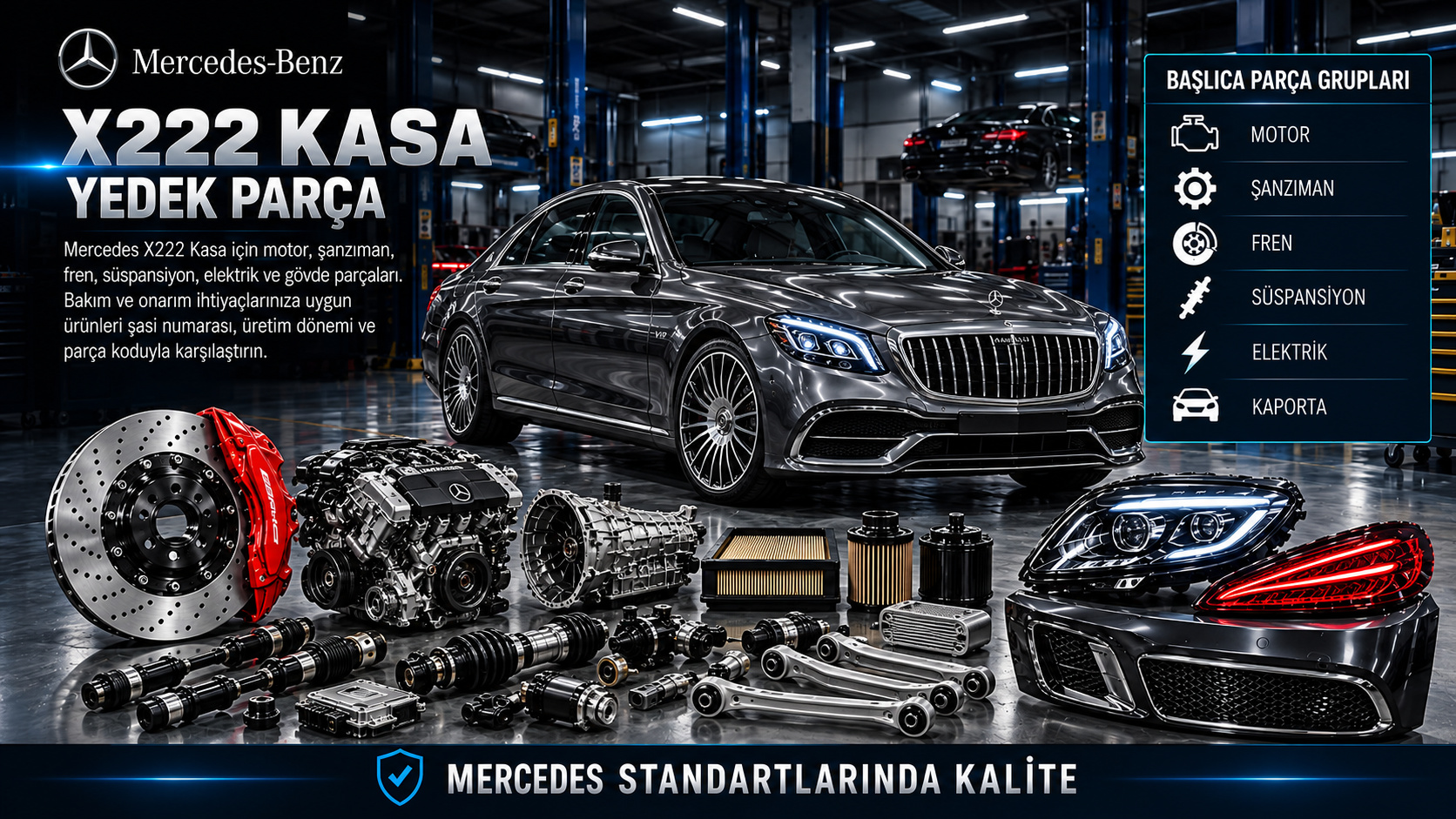 Mercedes X222 Maybach motor, süspansiyon, fren, elektrik ve uzun gövde parçaları