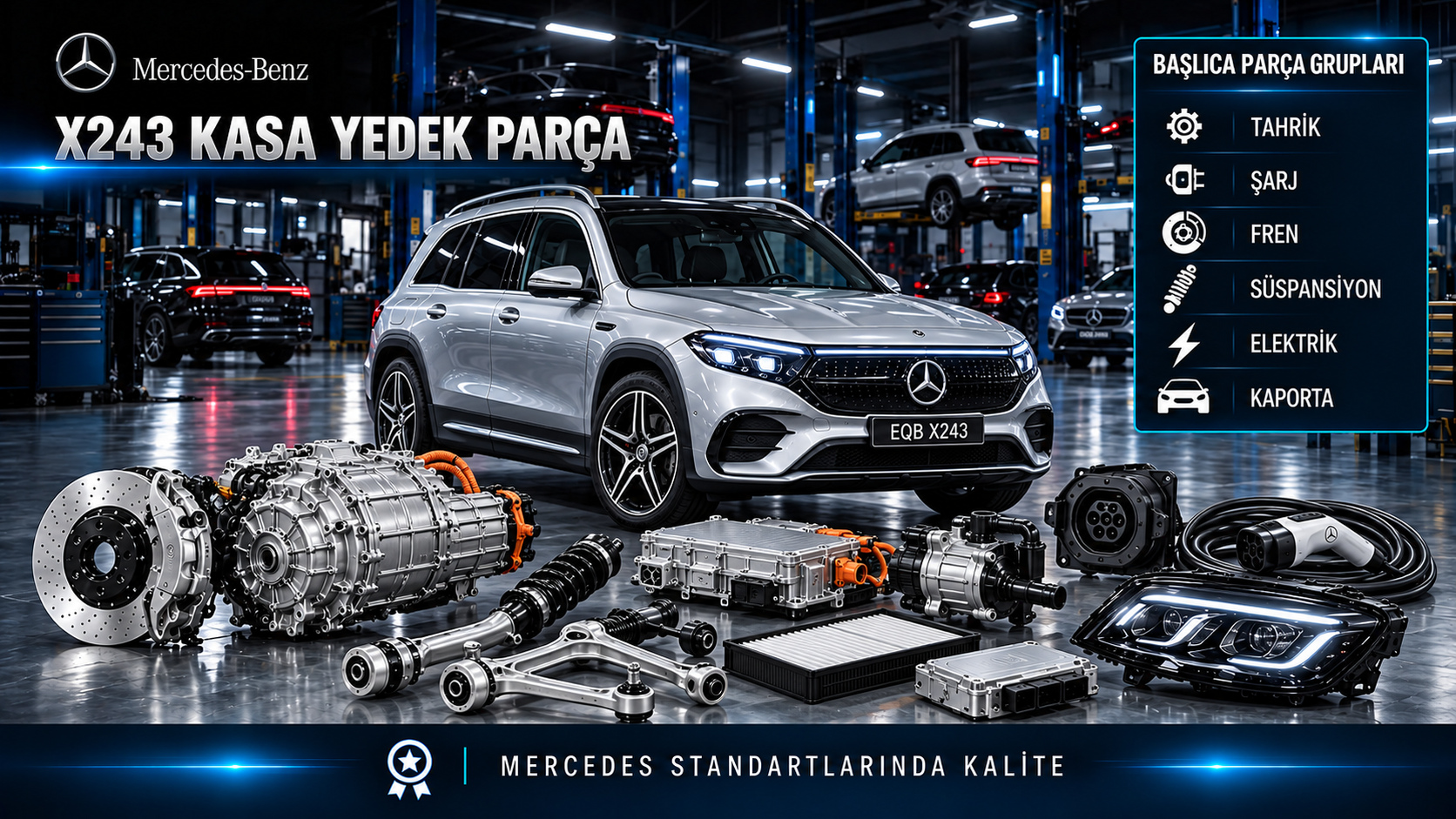 Mercedes EQB X243 elektrikli tahrik, şarj, soğutma, fren, kabin ve kaporta parçaları