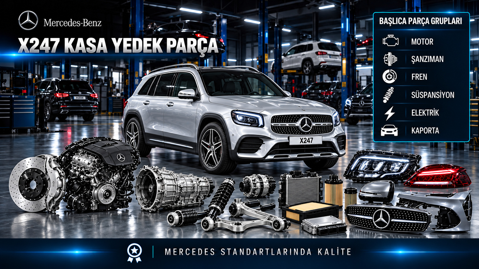 Mercedes GLB X247 motor, bakım, fren, süspansiyon, kabin ve SUV gövde parçaları