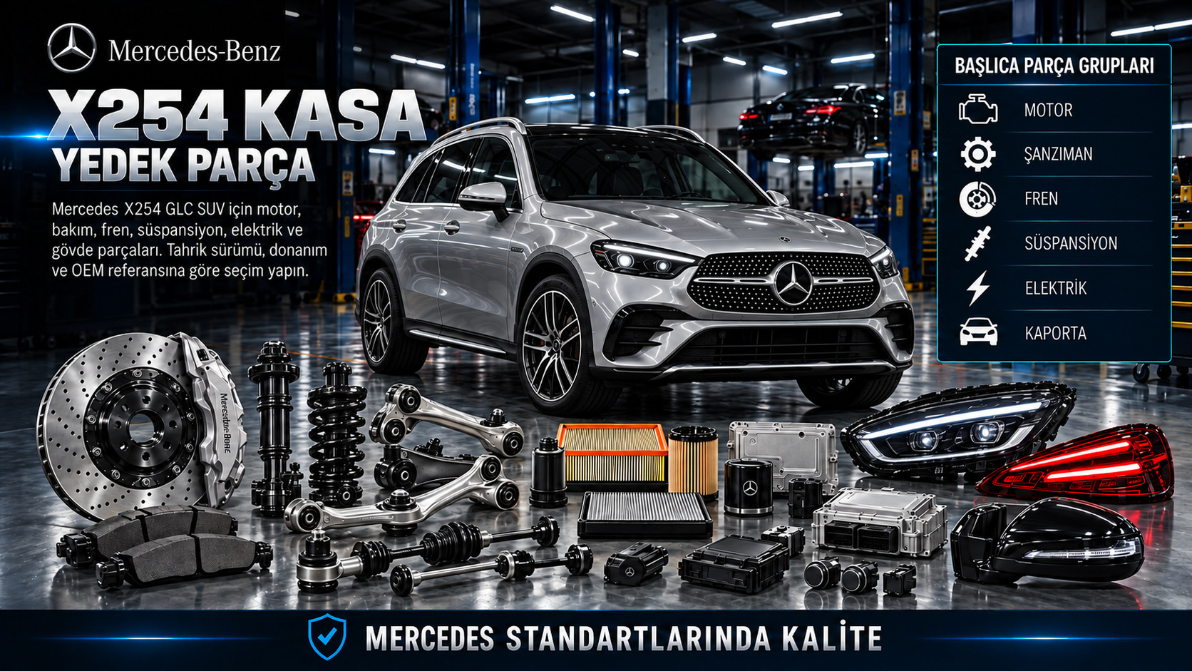 Mercedes X254 GLC SUV için motor, termal yönetim, fren, süspansiyon ve gövde parçaları