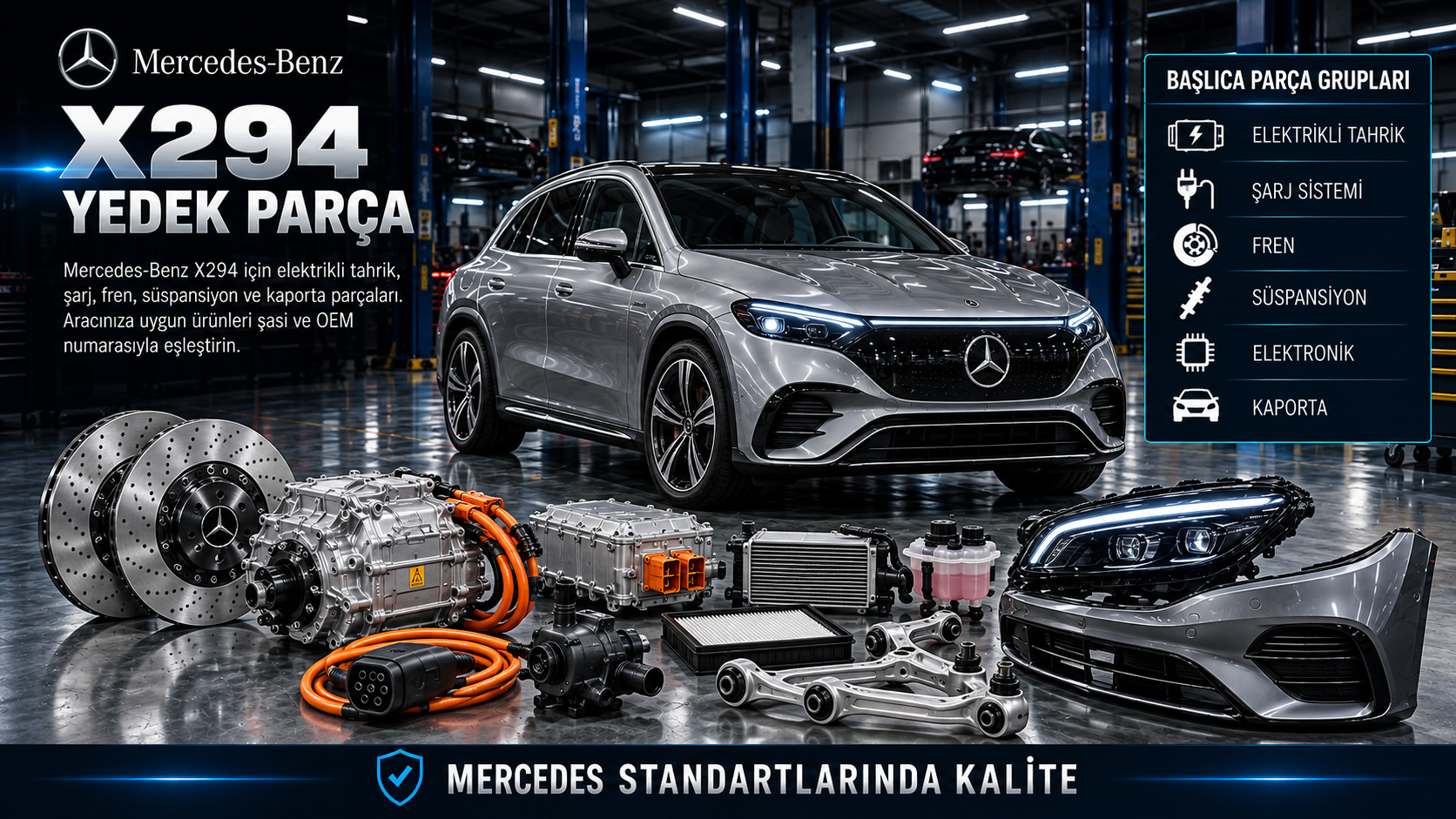 Mercedes-Benz X294 EQE SUV için elektrikli tahrik, şarj, termal yönetim, fren ve gövde parçaları