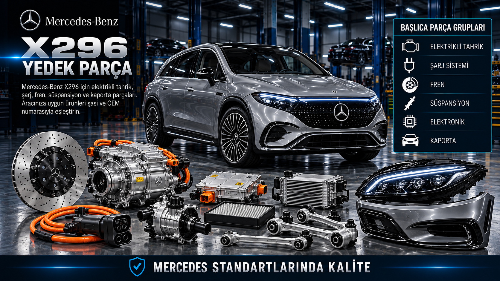 Mercedes-Benz X296 EQS SUV için elektrikli tahrik, şarj, soğutma, fren ve süspansiyon parçaları