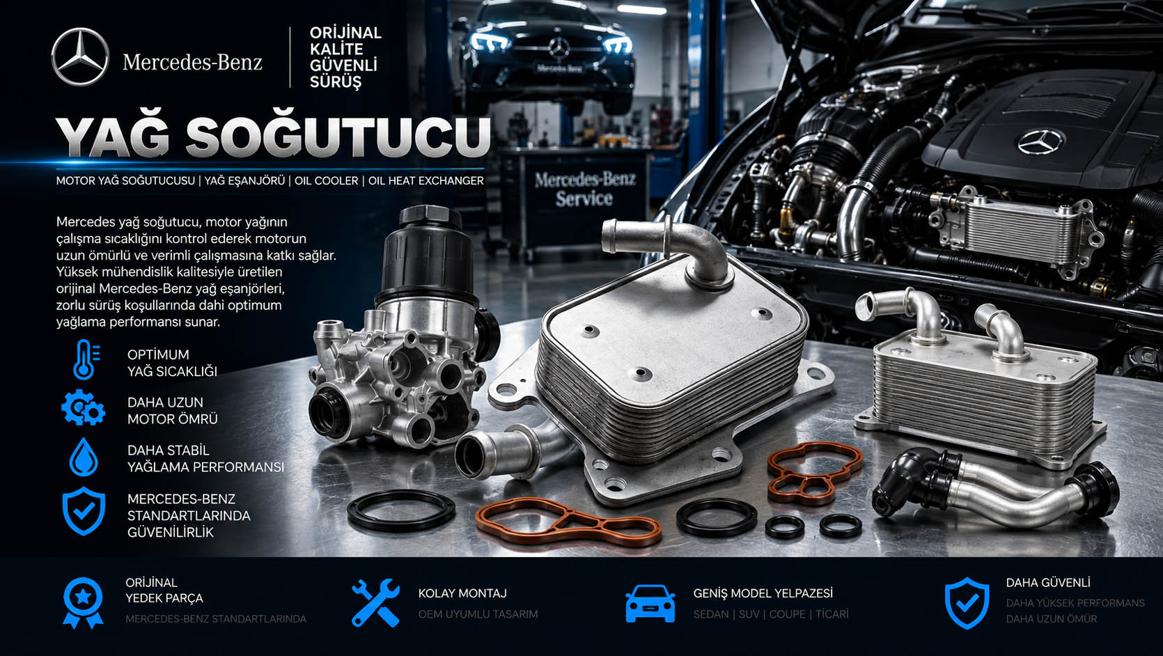 Mercedes yağ soğutucu, motor yağ eşanjörü ve oil cooler çeşitleri