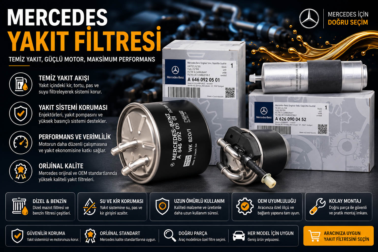 Mercedes yakıt filtresi, dizel mazot filtresi ve benzin filtresi çeşitleri