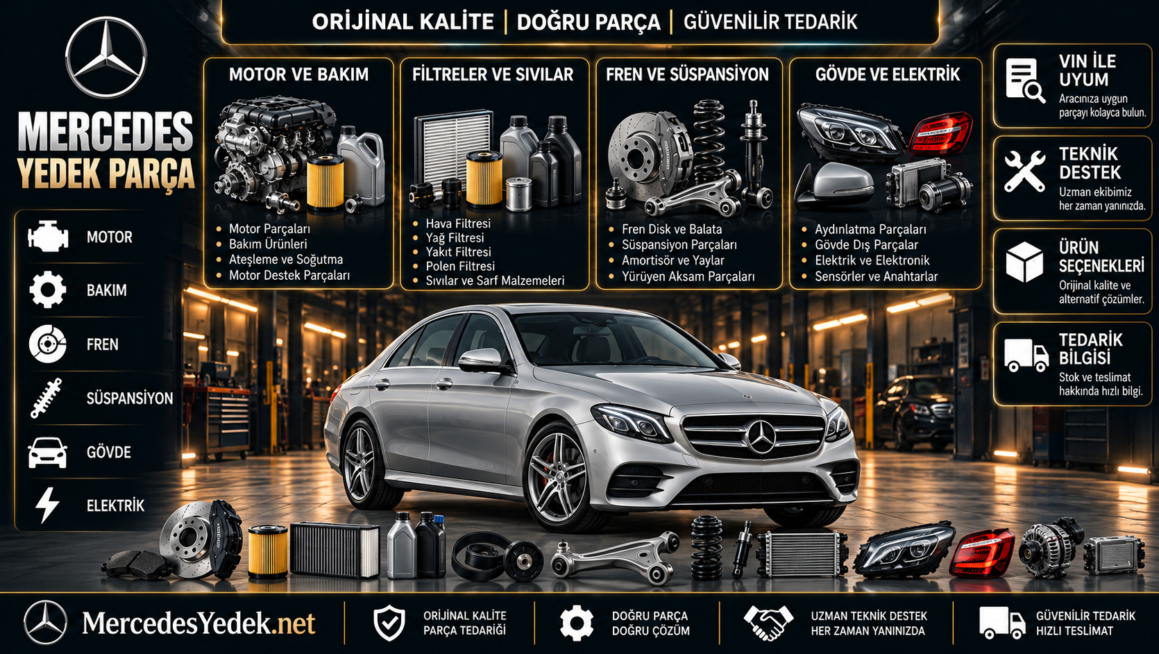 Mercedes-Benz araçlar için motor, bakım, fren, süspansiyon, gövde ve elektrik ürünlerini gösteren kategori bannerı
