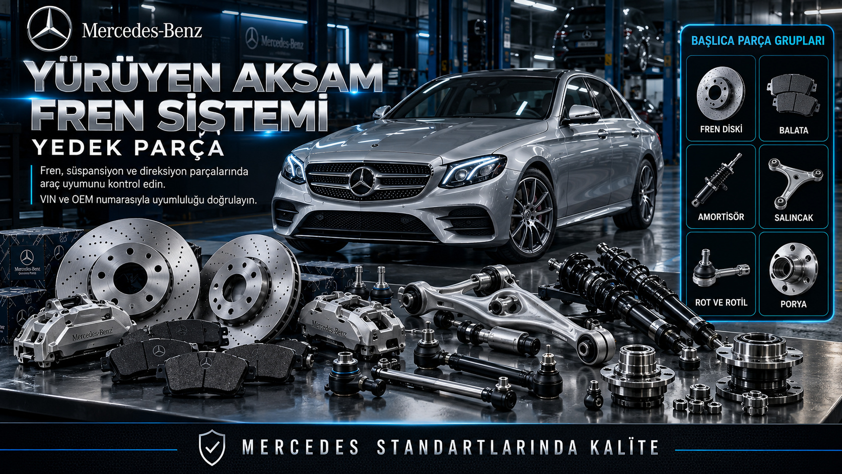 Mercedes fren diski, balata, amortisör, salıncak, rot, rotil ve porya parçaları