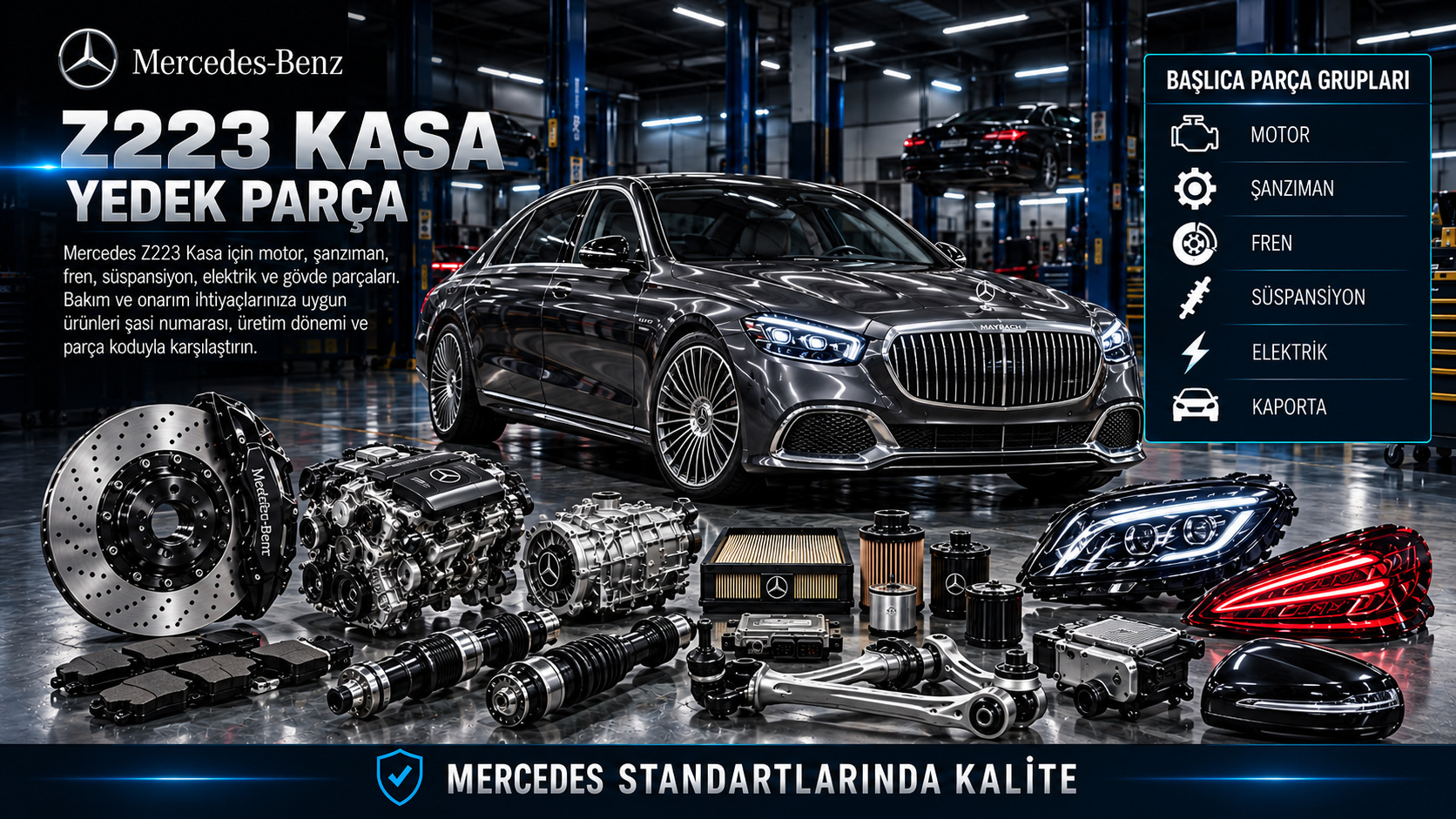 Mercedes Z223 Maybach S Serisi motor, süspansiyon, fren, konfor ve gövde parçaları