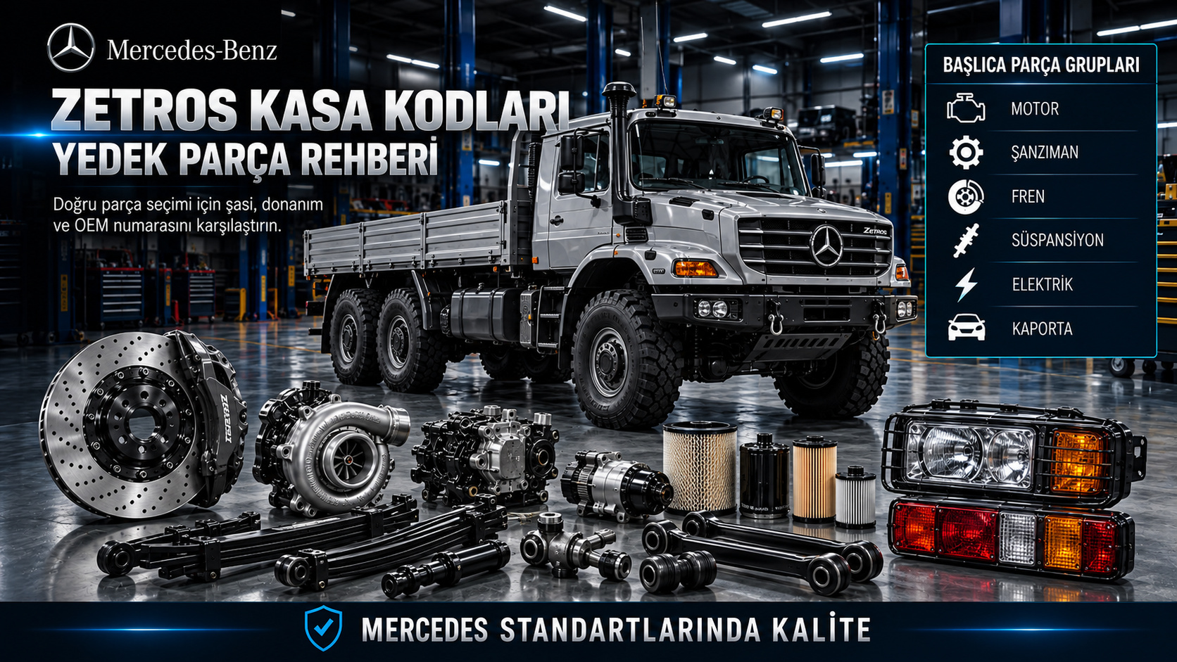 Mercedes Zetros ağır hizmet kamyonu motor, aktarma, aks, fren ve kabin parçaları
