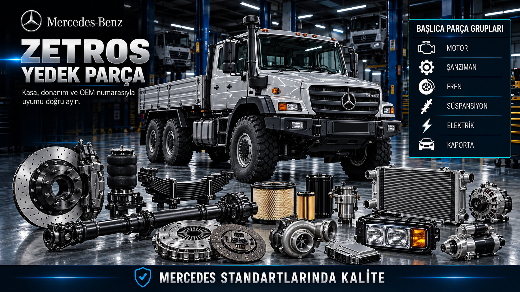 Mercedes Zetros ağır hizmet kamyonu motor, aktarma, aks, fren ve kabin parçaları