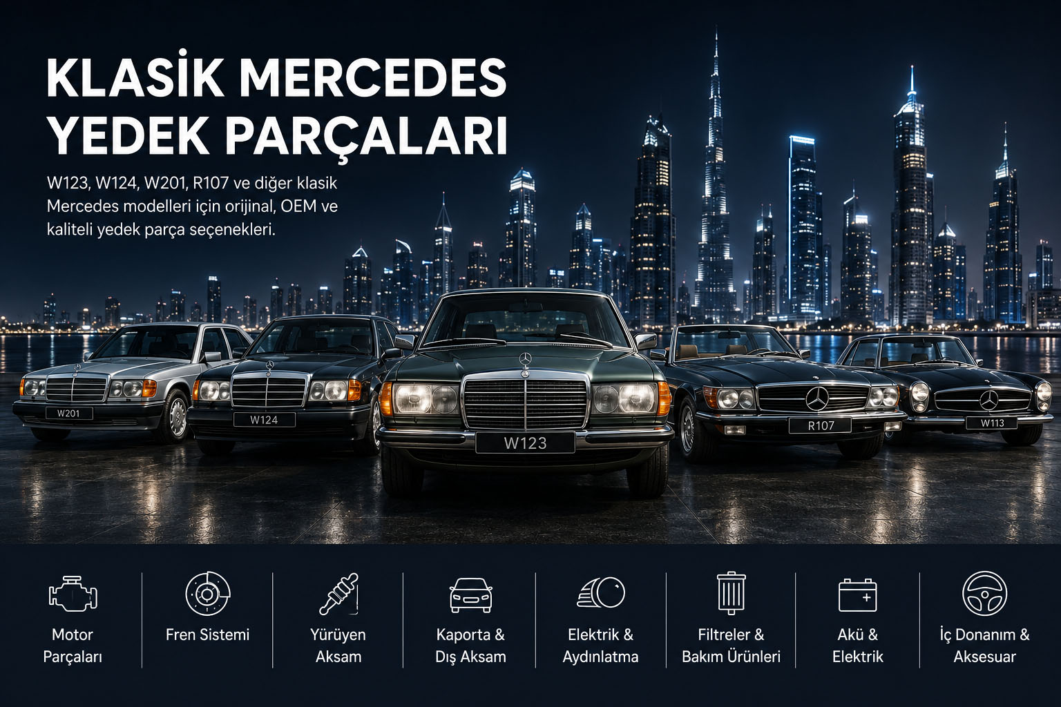 Klasik Mercedes Yedek Parçaları W123, W124, W201, R107 ve diğer klasik Mercedes yedek parçaları