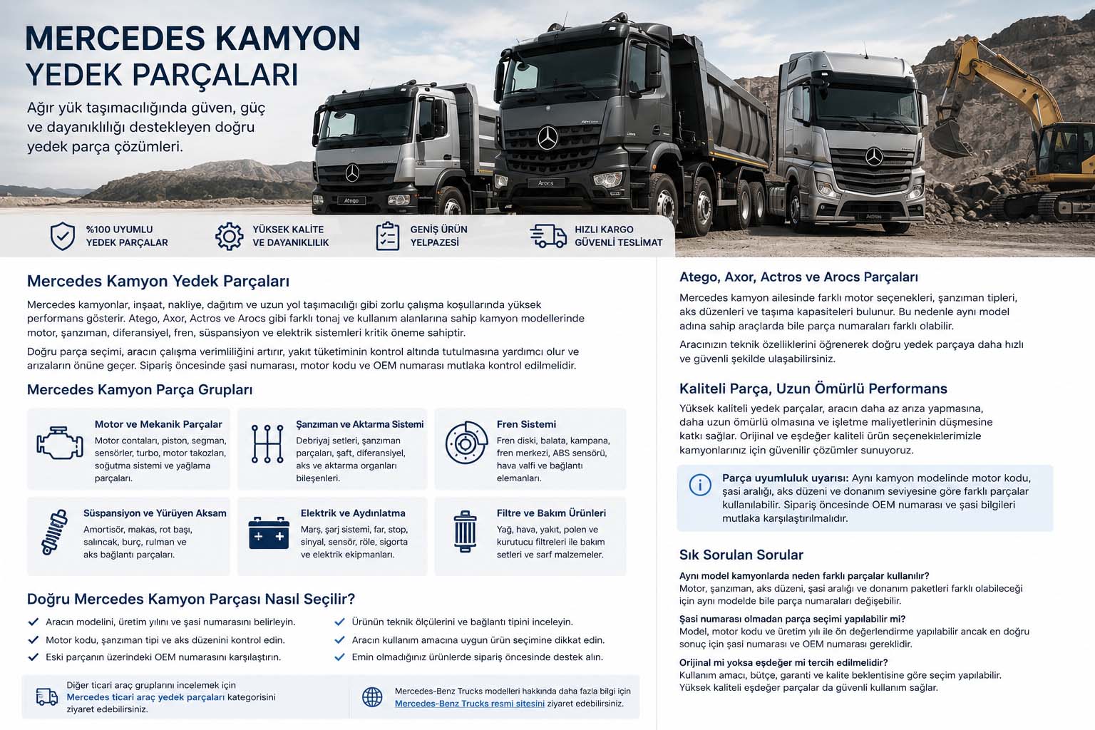 Mercedes Kamyon Yedek Parçaları Mercedes Atego, Arocs, Actros ve Axor kamyon yedek parçaları