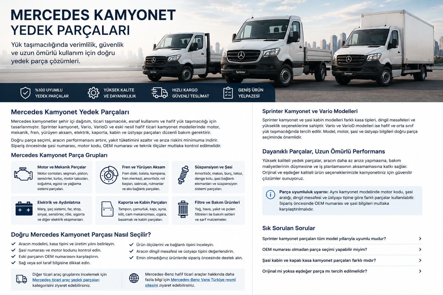 Mercedes Kamyonet Yedek Parçaları Mercedes Sprinter ve Vario kamyonet yedek parçaları