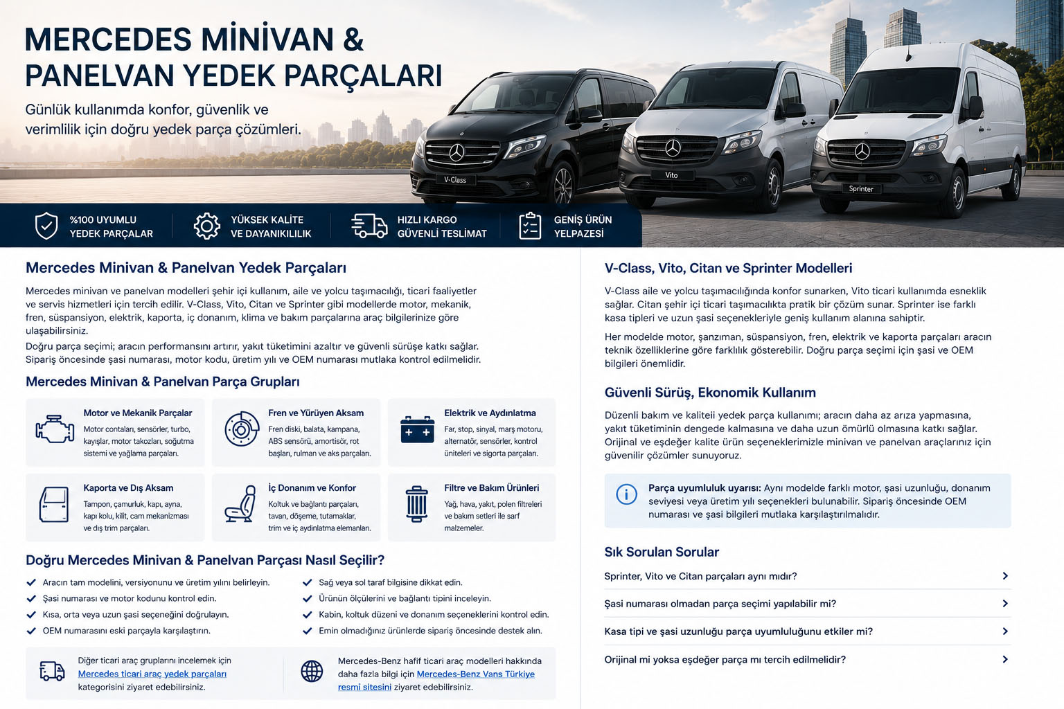 Mercedes V-Class, Vito, Citan ve Sprinter minivan panelvan yedek parçaları