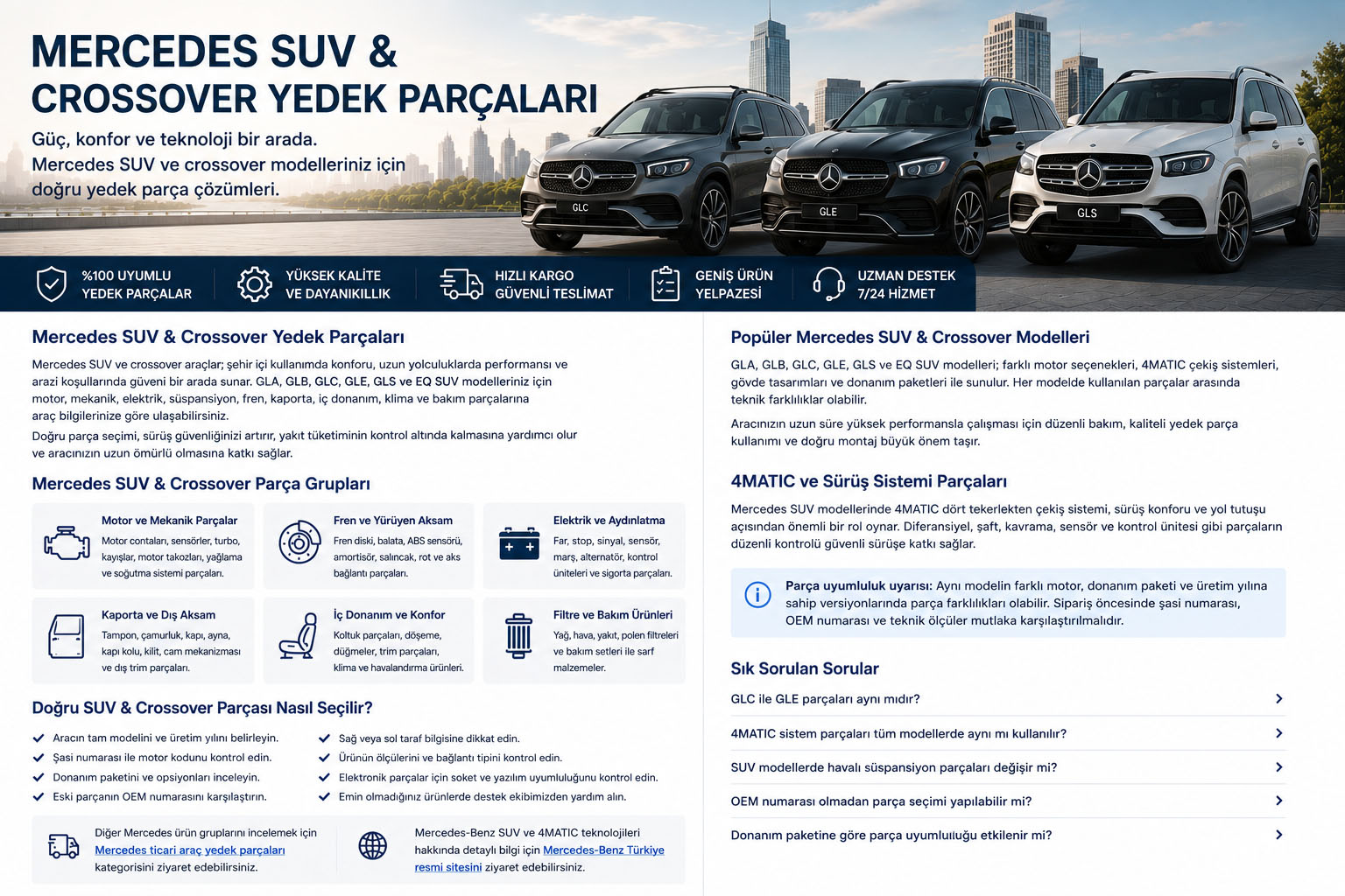 Mercedes SUV ve Crossover Yedek Parçaları Mercedes GLA, GLB, GLC, GLE ve GLS SUV crossover yedek parçaları