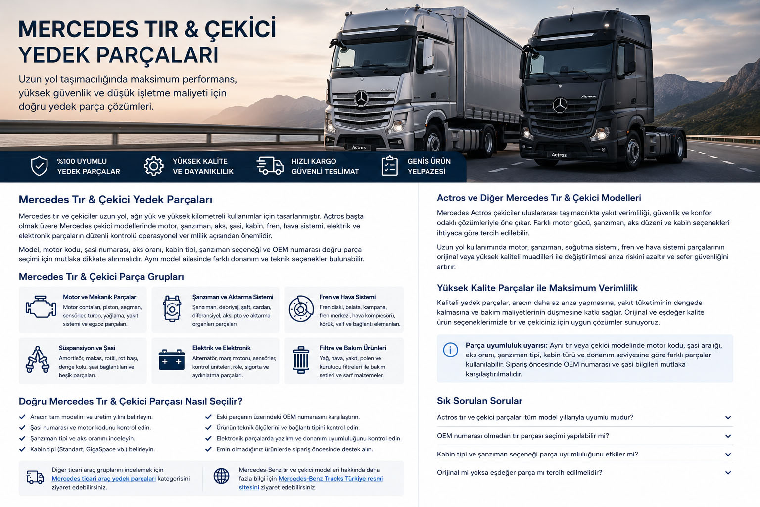 Mercedes Tır ve Çekici Yedek Parçaları Mercedes Actros tır ve çekici yedek parçaları